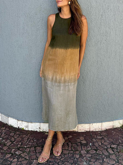 Women's casual cotton and linen sleeveless slit gradient tie-dye long dress（🔥Buy 2 Free Shipping🔥）