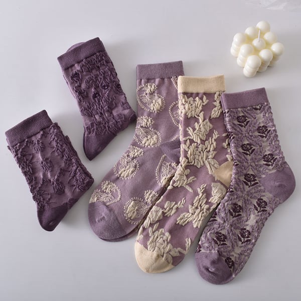 Sale 50%OFF-5 Pairs Women's Purple Vintage Floral Cotton Socks