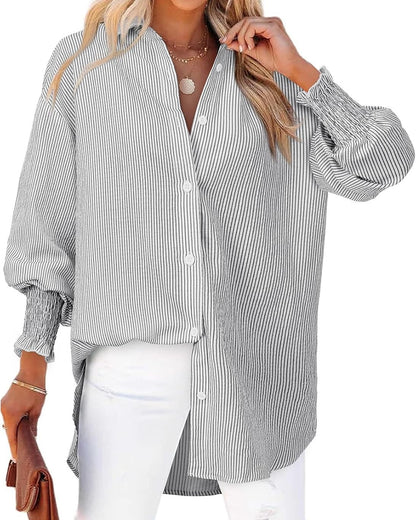 Oversized Striped Button-Down Puff Sleeve Shirt【Buy 2 Free Shipping】