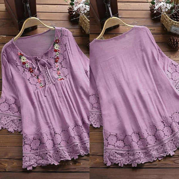 🔥Plus Size Blouses for Women Cotton Linen Elegant Blouse Lace Embroidery V Neck Shirts