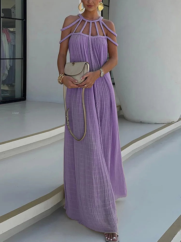 Modern and Sophisticated Linen Blend Draped Braids Cover Up Maxi Dress (Buy 2 Free Shipping)