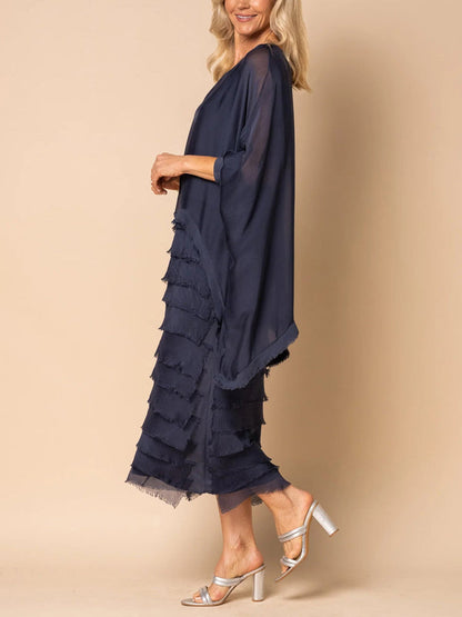 Frayed Trim Tiered Midi Dress