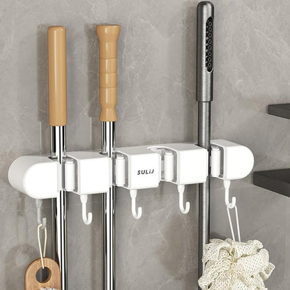 Wall Mounted Broom Mop Grippers with 5 Hook Self-Adhesive