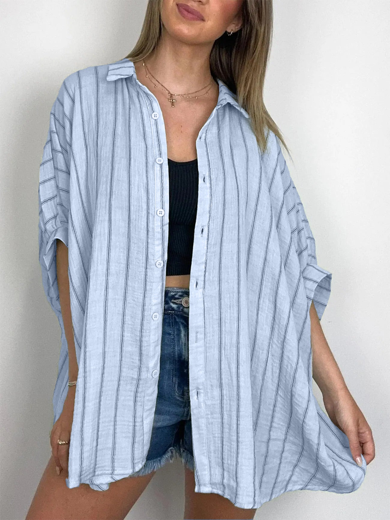 2024 POPULAR OVERSIZED STRIPED BUTTON DOWN TOP SHIRT JACKET