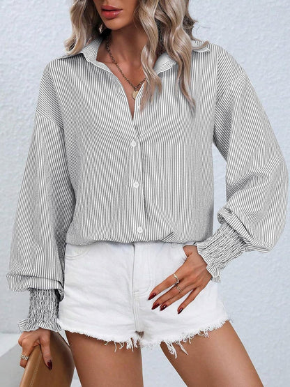 Oversized Striped Button-Down Puff Sleeve Shirt【Buy 2 Free Shipping】