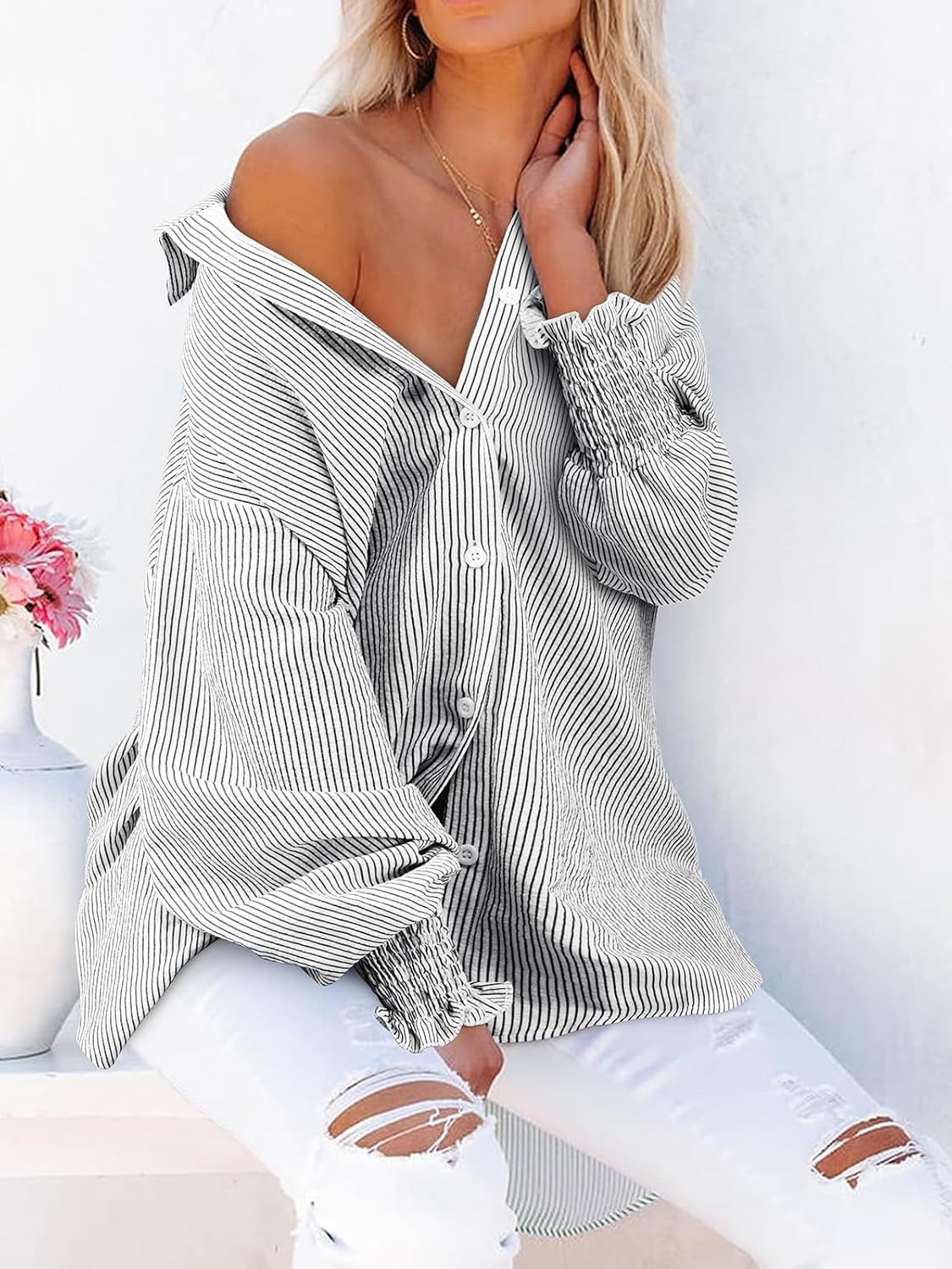 Oversized Striped Button-Down Puff Sleeve Shirt【Buy 2 Free Shipping】