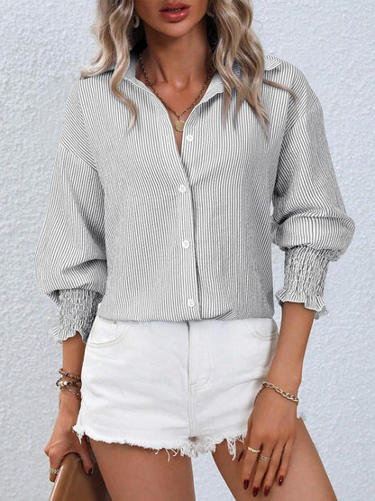 Oversized Striped Button-Down Puff Sleeve Shirt【Buy 2 Free Shipping】