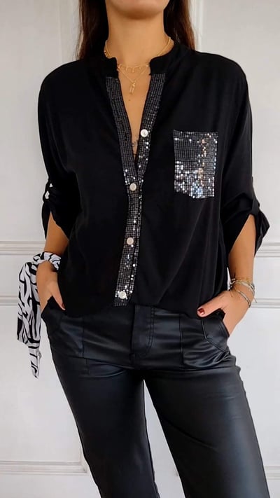 Chemise à col en V en patchwork de sequins （🔥Achetez-en 2, livraison gratuite🔥）