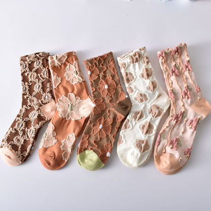 Sale 50%OFF-5 Pairs Women's Elegant Embossed Floral Cotton Socks