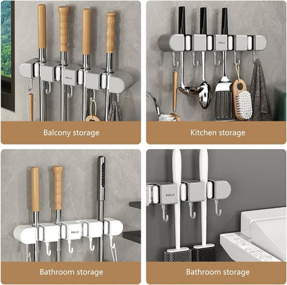 Wall Mounted Broom Mop Grippers with 5 Hook Self-Adhesive