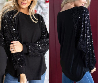 💃Sequin Stitching Women's Round Neck Loose Raglan Sleeve Top