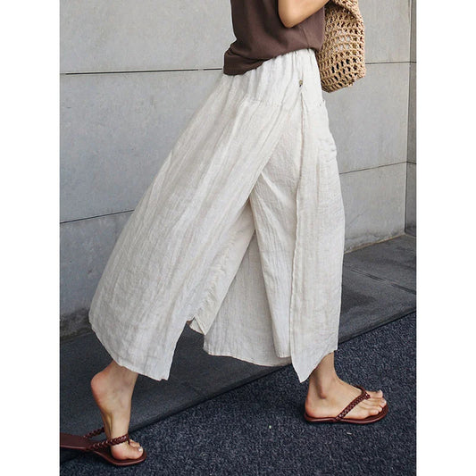 Culottes de lino con aberturas, culottes informales de pierna ancha de nueve puntos, de doble capa, de una pieza