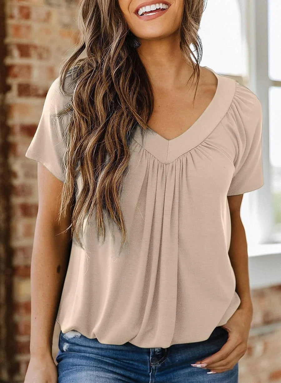 Women's Casual Pleated V-Neck Short-Sleeve Top (Buy 3 Free Shipping)