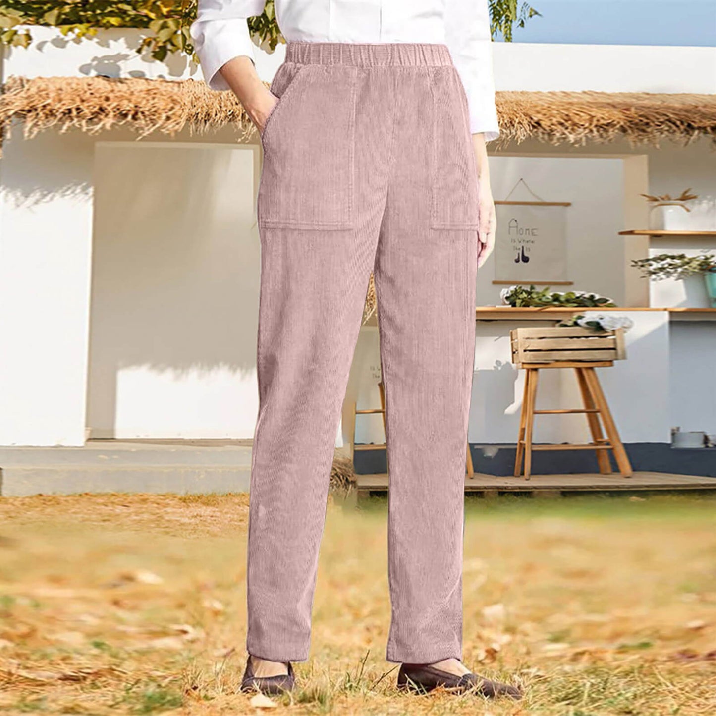 WOMEN'S SOLID COLOR ELASTIC WAIST CASUAL CORDUROY STRAIGHT LEG PANTS