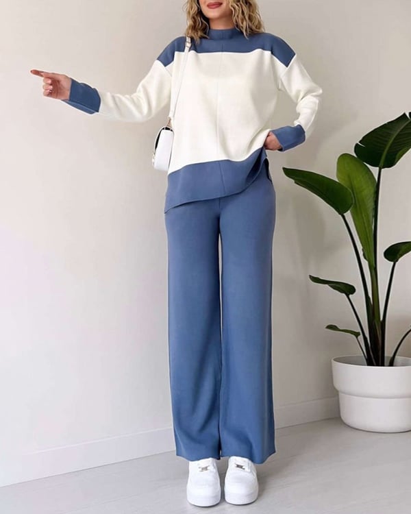 Color-blocking Sweater And Solid Color Long Pants Two-piece Set