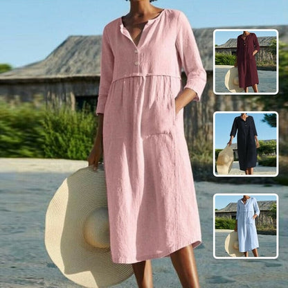 Robe longue uni en coton et lin avec poches 