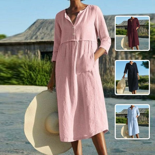 Solid color cotton and linen long dress with pockets