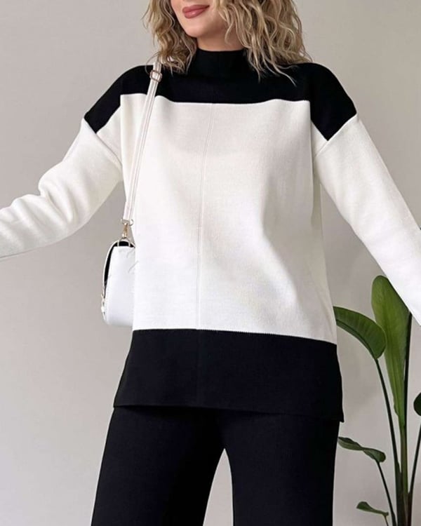 Color-blocking Sweater And Solid Color Long Pants Two-piece Set