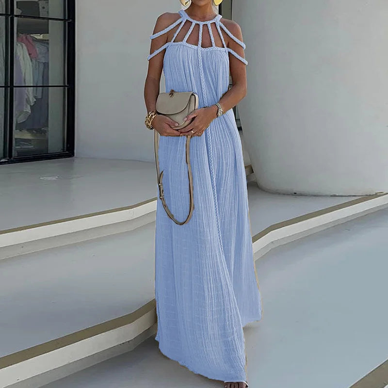 Modern and Sophisticated Linen Blend Draped Braids Cover Up Maxi Dress (Buy 2 Free Shipping)