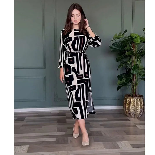 Vestido elegante de mujer ceñido a la cintura con estampado geométrico