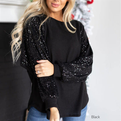 💃Sequin Stitching Women's Round Neck Loose Raglan Sleeve Top