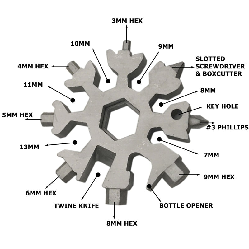 Snowflake - Multiherramienta 18 en 1 de acero inoxidable portátil para aventuras al aire libre