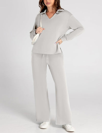 Women's Casual Polo Top and Wide Leg Pants Matching Sets (Buy 2 Free Shipping)