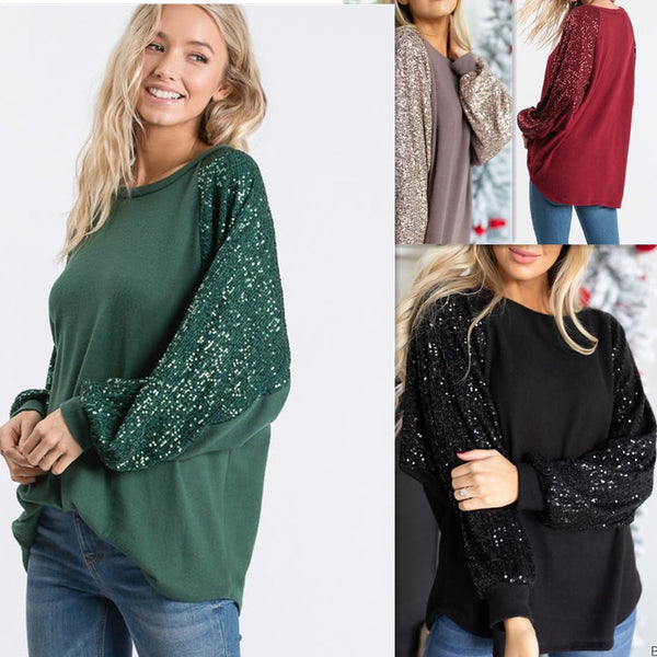 💃Sequin Stitching Women's Round Neck Loose Raglan Sleeve Top