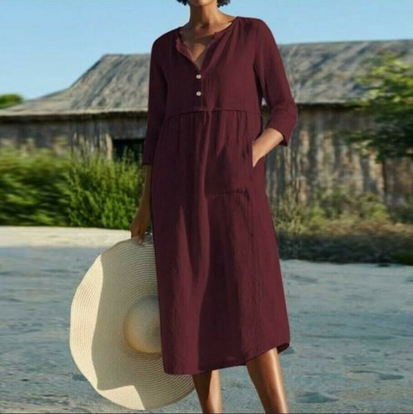 Solid color cotton and linen long dress with pockets