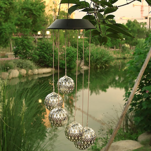 Solar Metal Orb Wind Chime Mobile - Rainbow Color Changing LED Lights