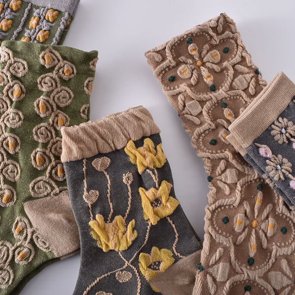 Sale 50%OFF-5 Pairs Women's Embossed Floral Cotton Socks