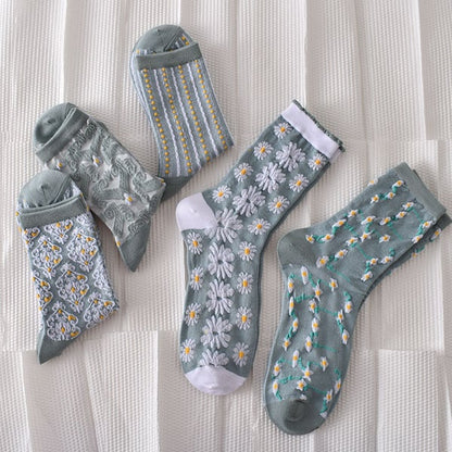 Sale 50%OFF-5 Pairs Women's Blue Elegant Embossed Floral Cotton Socks