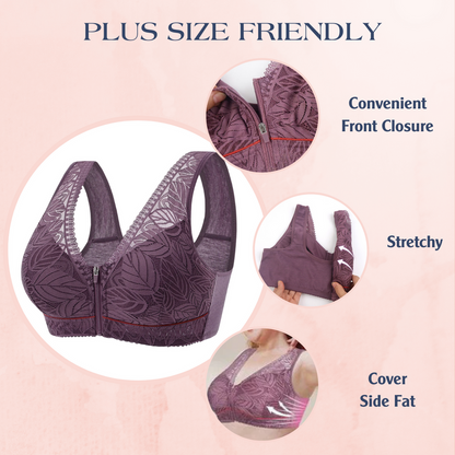 BUY 1 GET 2 FREE(Please add 3 pcs to cart)-Leaf Lace Bra Wireless Front Zipper Bra Large Size For Women