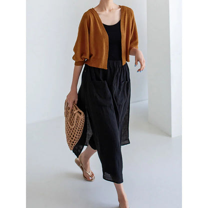 Slit linen culottes one-piece double-layer casual nine-point wide-leg culottes