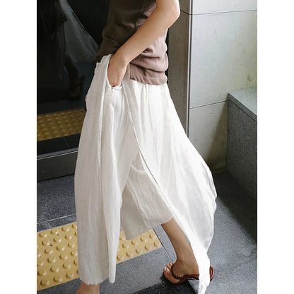 Slit linen culottes one-piece double-layer casual nine-point wide-leg culottes