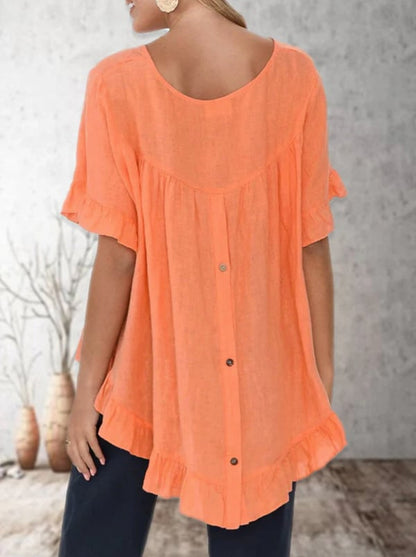 Ruffle Hem Short Sleeve Round Neck Button-Back Top (Buy 2 Free Shipping)