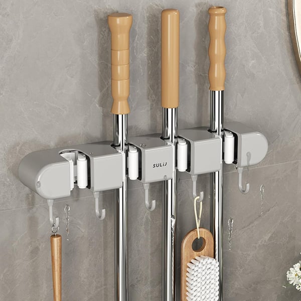 Wall Mounted Broom Mop Grippers with 5 Hook Self-Adhesive