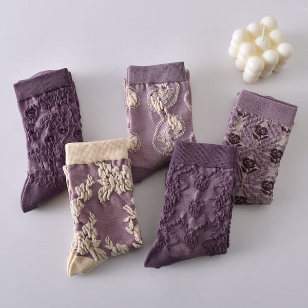 Sale 50%OFF-5 Pairs Women's Purple Vintage Floral Cotton Socks