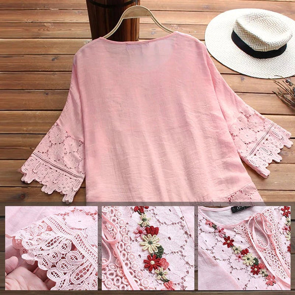 🔥Plus Size Blouses for Women Cotton Linen Elegant Blouse Lace Embroidery V Neck Shirts