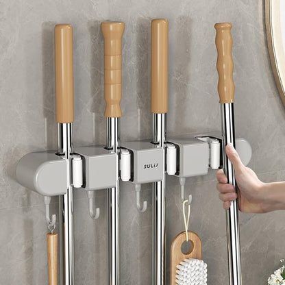 Wall Mounted Broom Mop Grippers with 5 Hook Self-Adhesive