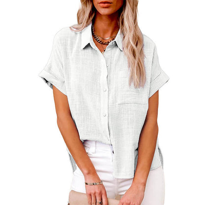 Solid color linen casual loose shirt short