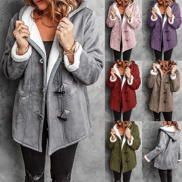 Warm soft hooded cashmere horn button coat