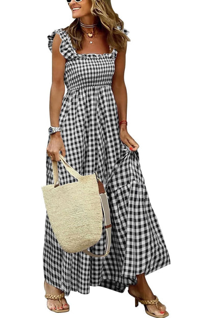 Women's Retro Plaid Smocked Dress Spaghetti Strap Flounce Long Dress With Pockets(BUY 2 FREE SHIPPING)