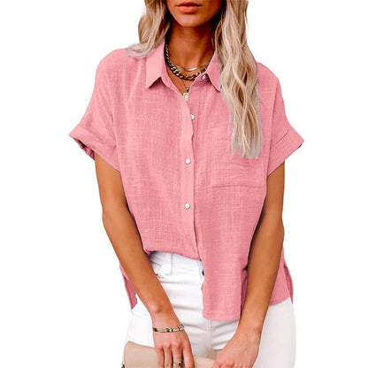 Solid color linen casual loose shirt short