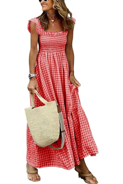 Women's Retro Plaid Smocked Dress Spaghetti Strap Flounce Long Dress With Pockets(BUY 2 FREE SHIPPING)