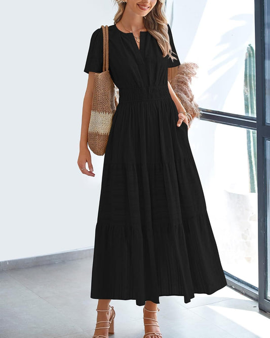 Womens Lightweight Short Sleeve V Casual Midi Maxi Dresses(BUY 2 FREE SHIPPING)