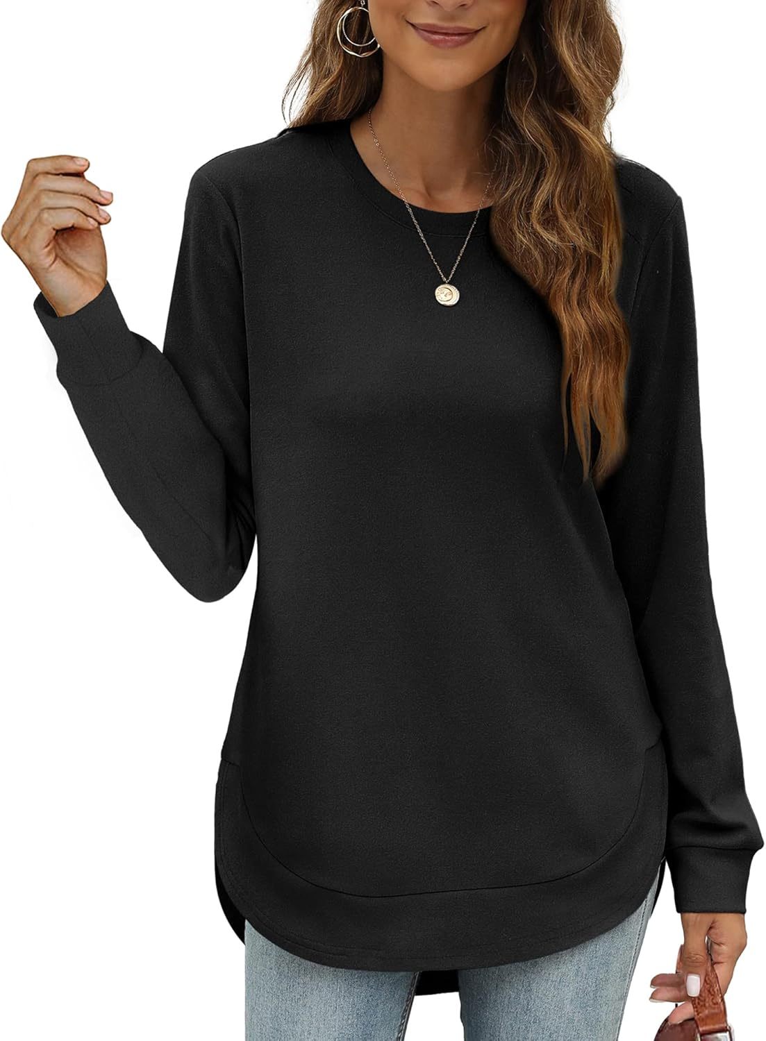 Womens Sweatshirt Crewneck Basic Long Sleeve Shirts High Low Tops Curved Hem(Buy 2 Free Shipping)