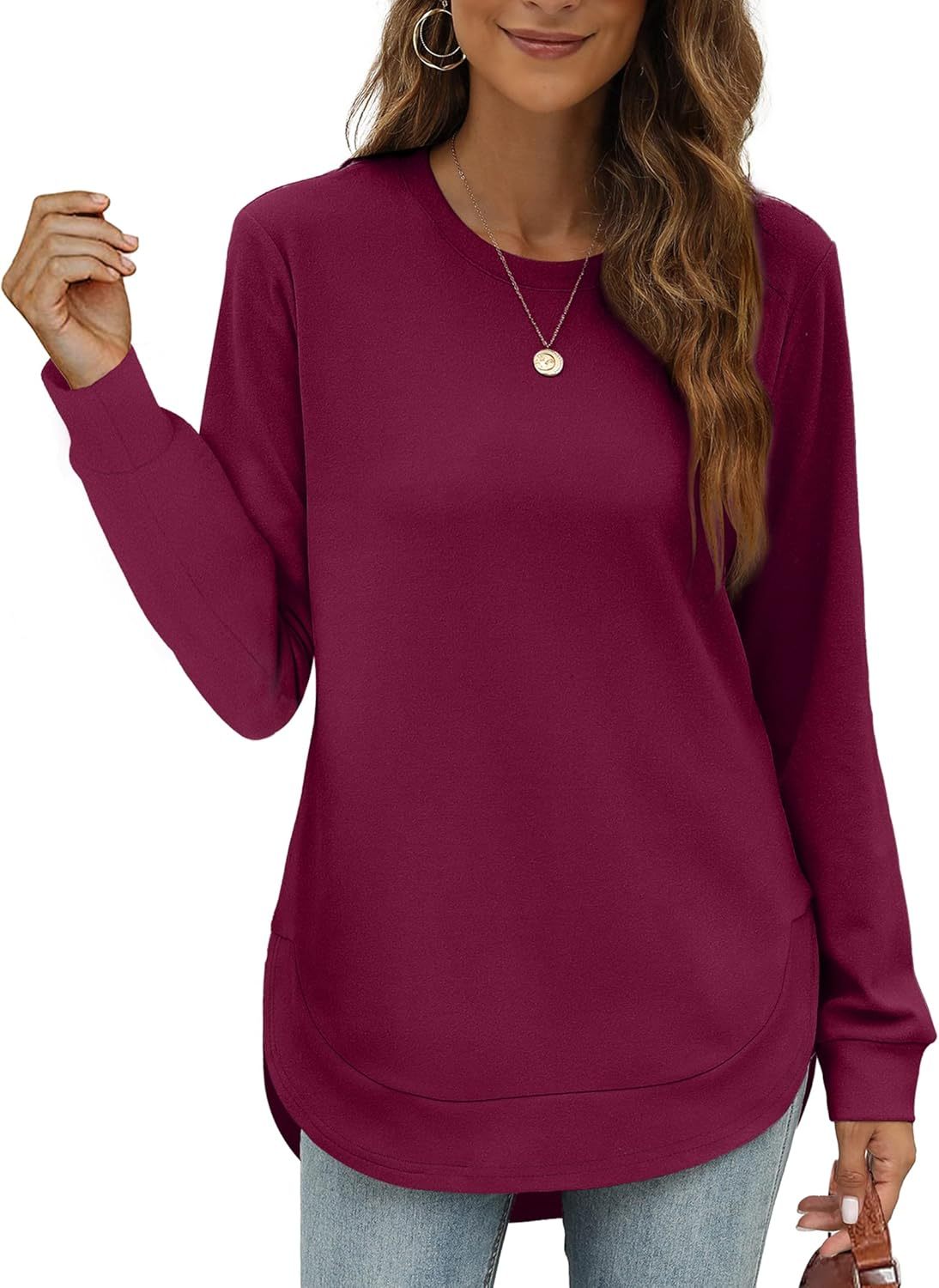 Womens Sweatshirt Crewneck Basic Long Sleeve Shirts High Low Tops Curved Hem(Buy 2 Free Shipping)