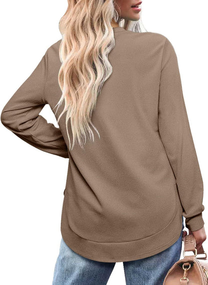 Womens Sweatshirt Crewneck Basic Long Sleeve Shirts High Low Tops Curved Hem(Buy 2 Free Shipping)