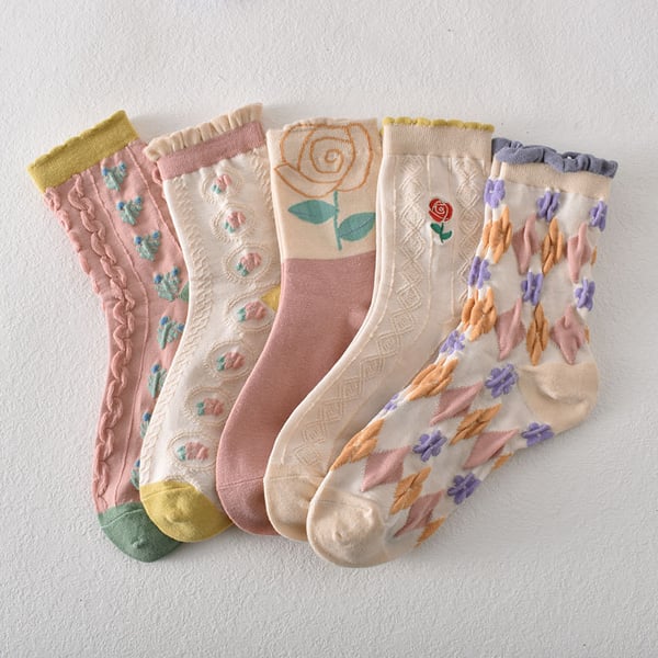 Sale 50%OFF-5 pairs of women's pink floral cotton socks